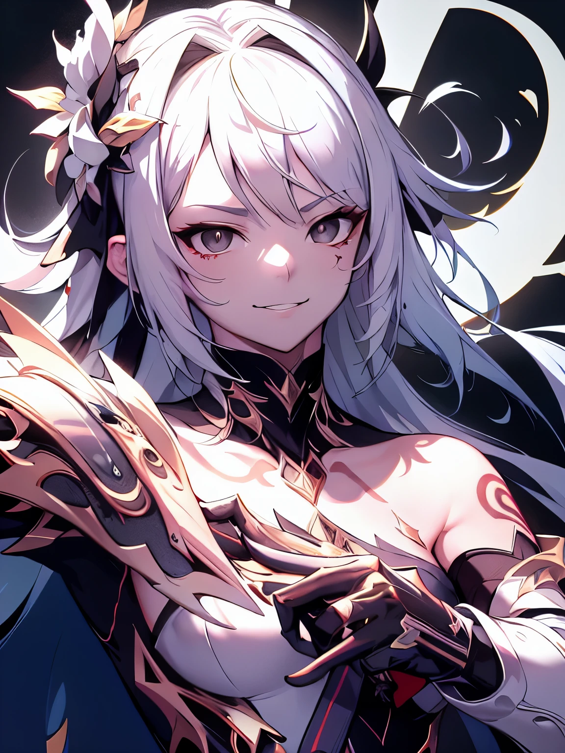 masterpiece, best quality, (detailed anime, video game art, extremely detailed CG unity 8k wallpaper), (best quality), (best illustration), (best shadow), absurdres, realistic lighting, (Abyss), beautiful detailed glow, anime, photorealistic colours, 1girl, solo, senti, (white hair, black eyes:1.44), exposed shoulders, villain, flower crown, wreath, laurels, smirk, villain pose, antagonistic, enemy, arrogance, tattoos, war tattoos