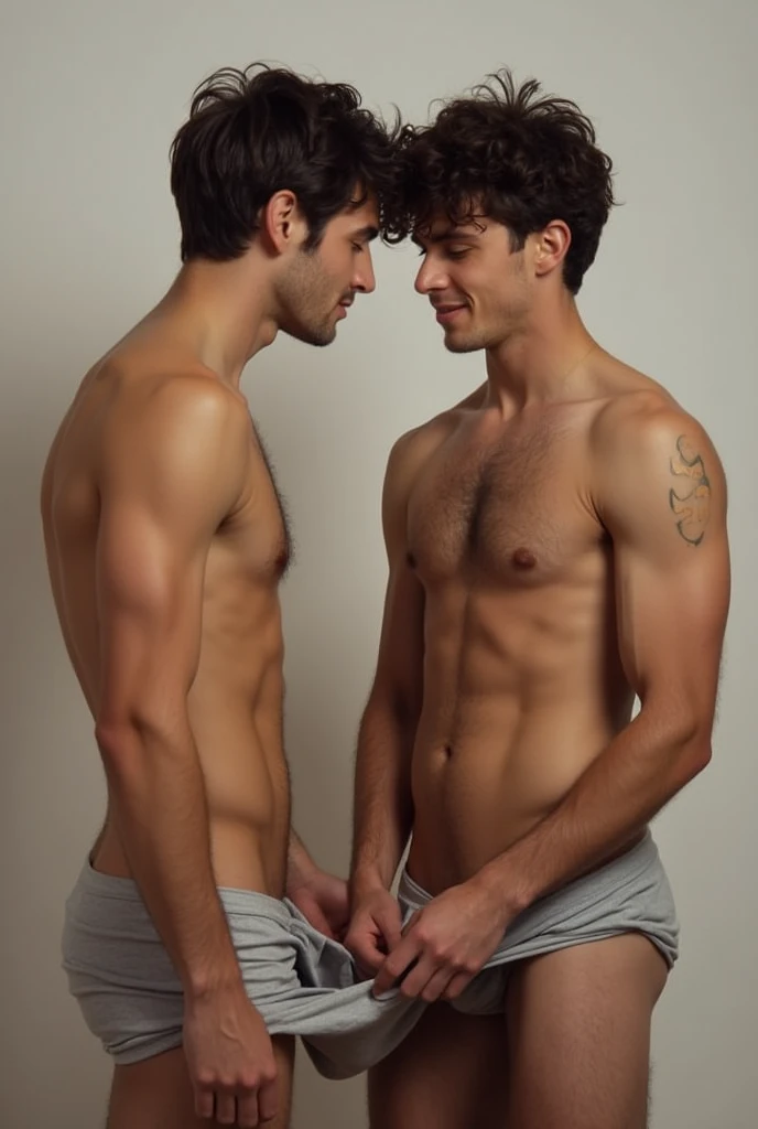 Two boys having sex, taking off their shirts and pants.