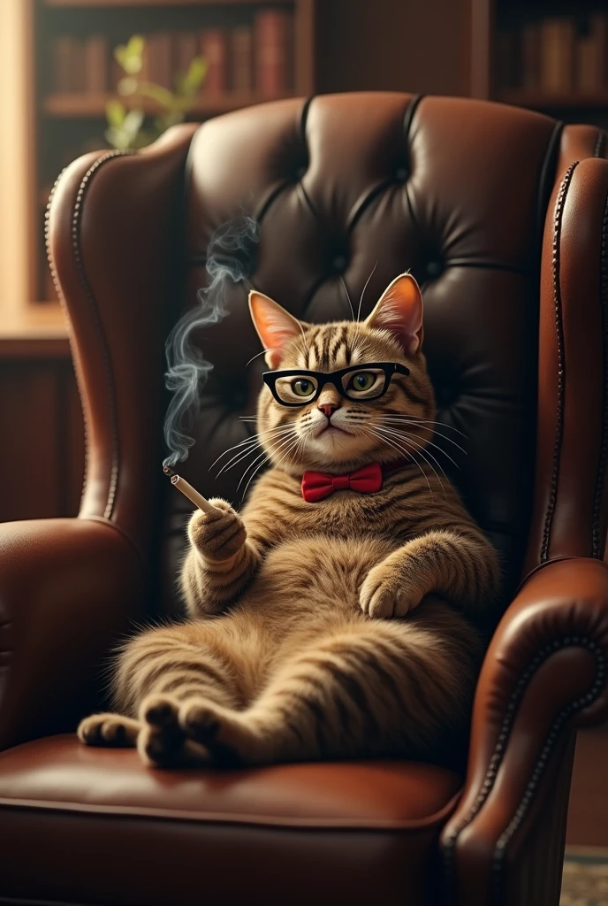 A cool cat sitting in a boss chair with glasses and smoking in one hand