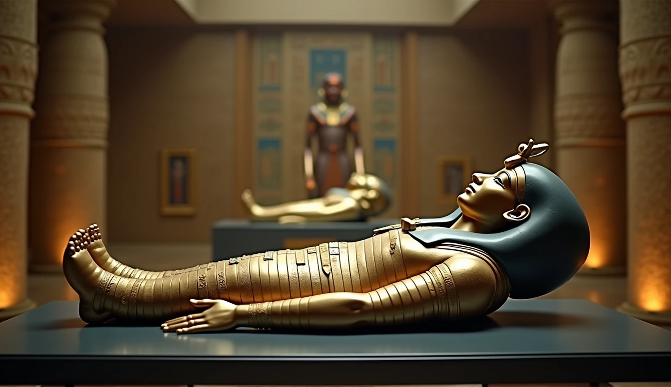 A beautiful cinematic image from the front inside the sarcophagus of the ancient Egyptian king Tutankhamun. Tutankhamun's body was wrapped in layers of linen bandages, a common practice in the mummification process. The bandages were carefully arranged in layers, and between them were placed protective amulets, which symbolized different gods and offered protection to the pharaoh on his journey to the afterlife. Each element of Tutankhamun's sarcophagus reflects the pharaoh's importance in Egyptian culture and belief in the afterlife., photo, cinematographic, architecture