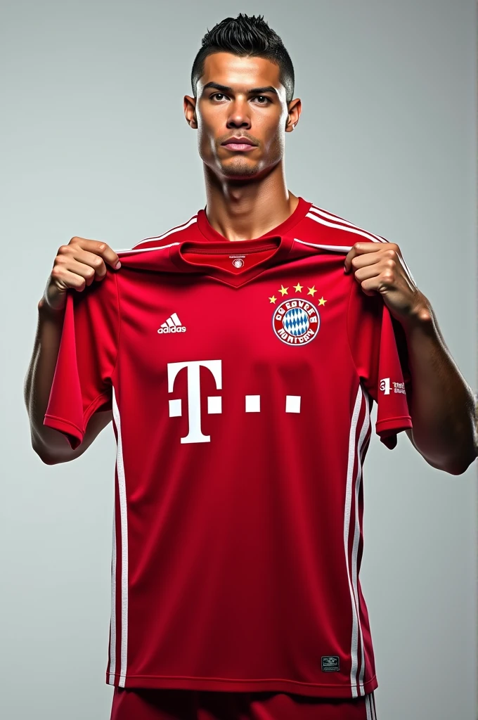 Generate a photo of Cristiano Ronaldo showing off the Bayern Munich shirt