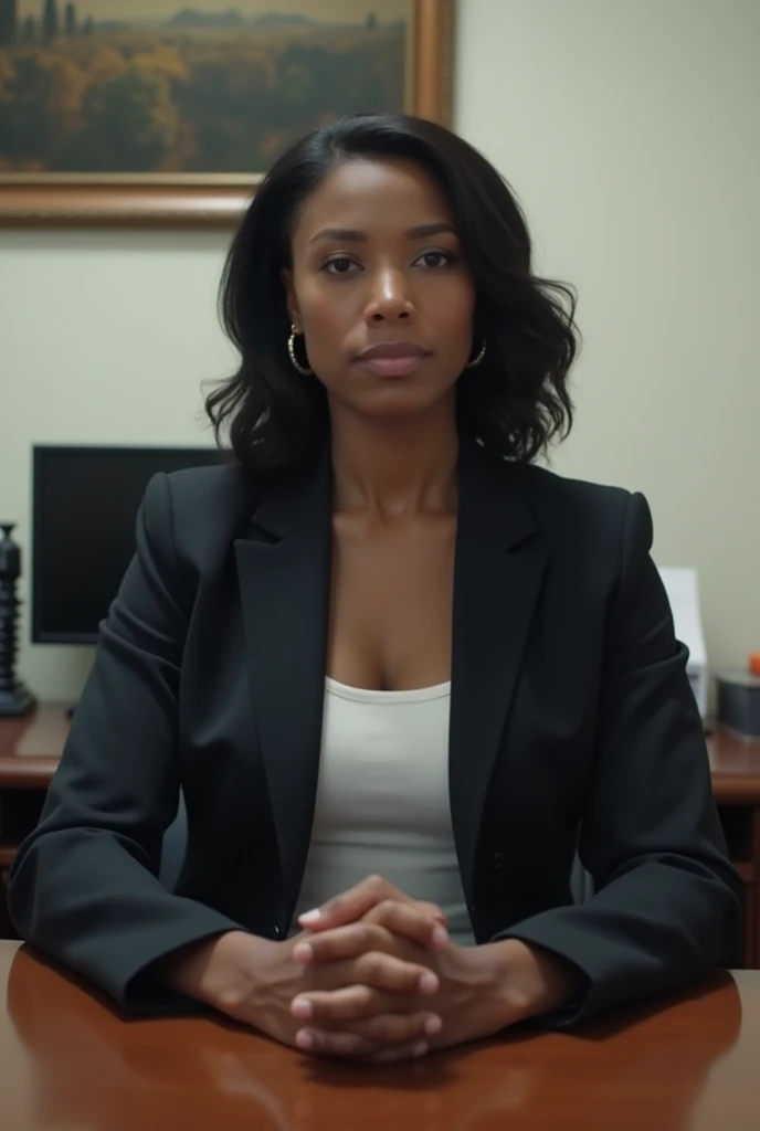 A black woman sitting in an office dressed in a suit staring straight into the camera lens. 