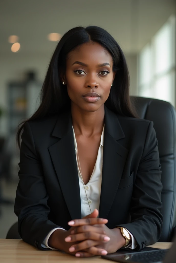 A black woman sitting in an office dressed in a suit staring straight into the camera lens.
