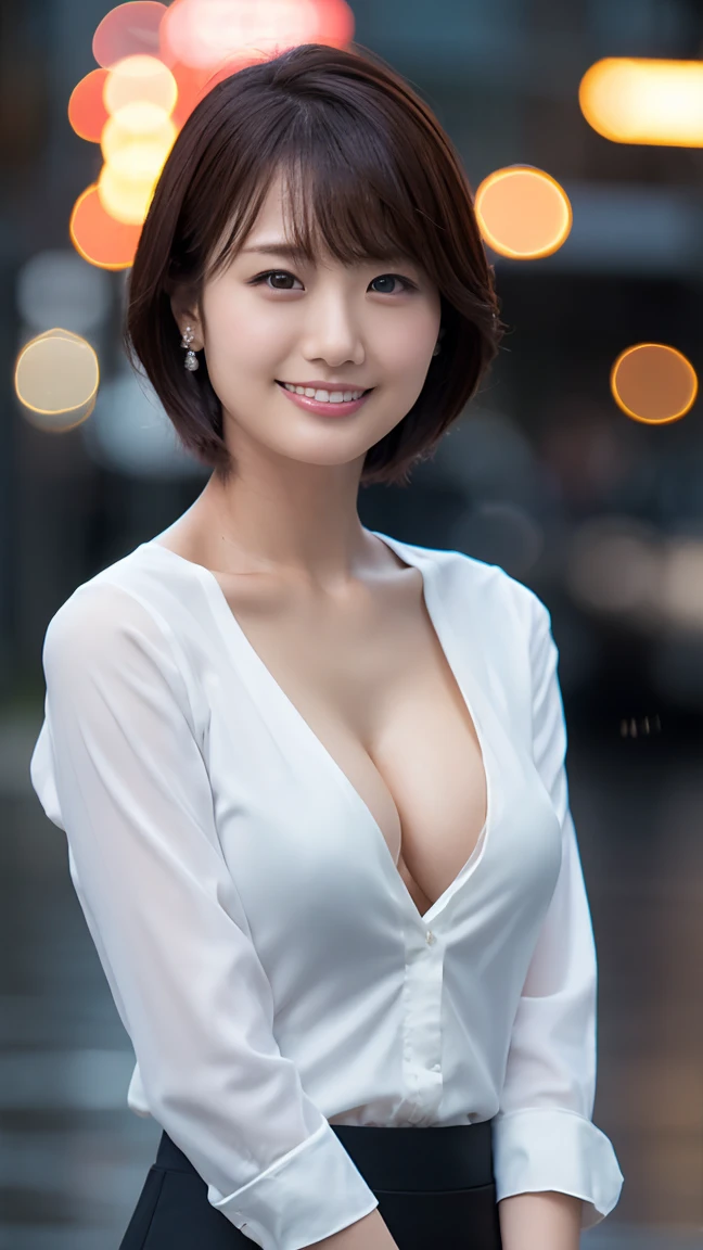 Tabletop, 最high quality, Photorealistic, In detail, High resolution,Beautiful Japanese Women,Beautiful attention to detail, Beautiful lip detail, Highly detailed face, Small Head, Small areola, Cinema Lighting, Realistic, 8k, high quality, Super detailed, look at me,smile,(Dress shirt),( Pencil Skirt:1.2),(short hair:1.2),(See through、good　getting wet from rain、Bathing in the rain　Rainy Town),(Medium chest:1.2),(Inoue Seika),(whole body:1.3),thin,Beautiful legs,(Cleavage:1.3),(Sexy pose),mini skirt, (Bokeh:1.3) (Black Pantyhose:1.2)