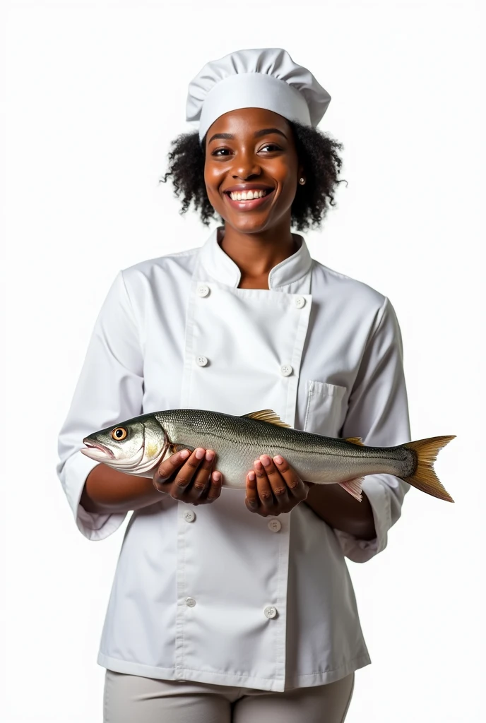 Woman, chef, black skin, smiling, holding fresh live fish, relaxed pose, best quality, detailed white plain background
