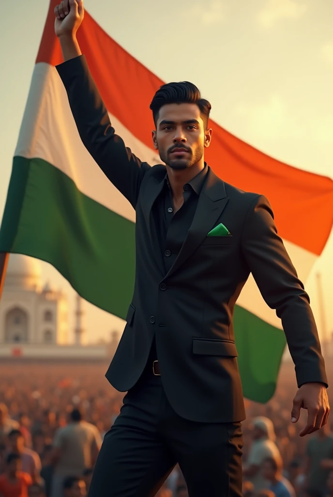 A indian flag in hand a handsome guy he wears black outfit and his name sahil 