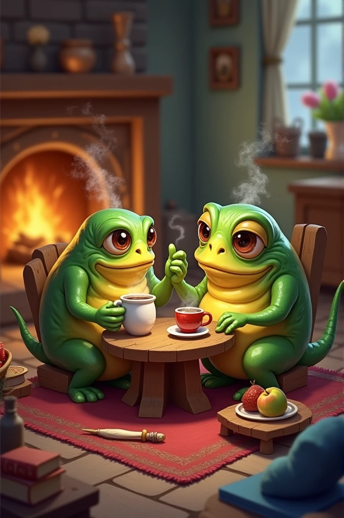 Hearthstone style image of two murlocs sitting and drinking coffee