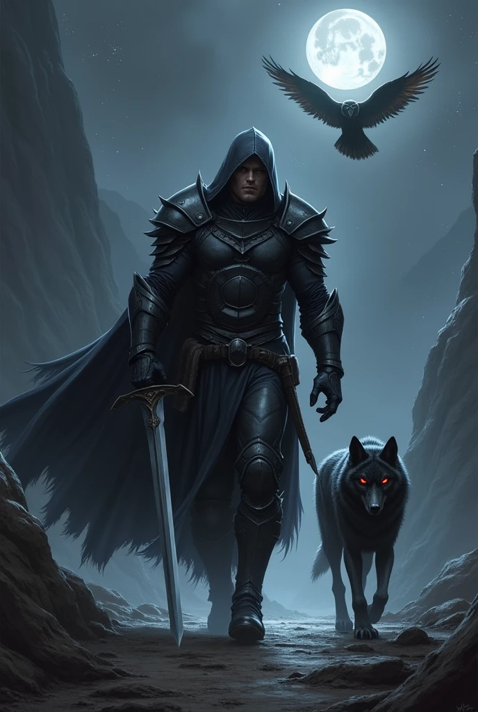 Make a warrior with black armor, and a black cape, walking at night in a dark valley, with a gray sword in his hands, accompanied by a wolf with red eyes, and an owl