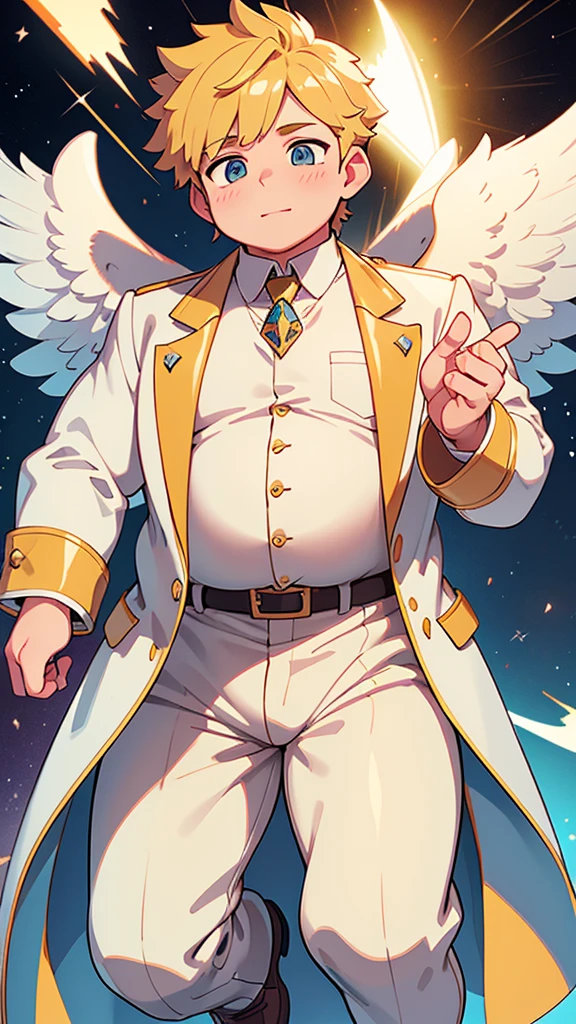 masterpiece, high quality, 8k, Ultra HD, detailed background, detailed face, space, male, young man, big belly, very thick body, chubby, overweight, bulky, fat, chubby cheeks, golden shoes, white button up long sleeve shirt with a golden coat and tie, golden pants with a white tight belt, tight clothes, 5 ft and 8 inches tall, two hundred pounds, seraphim, accurate angel in human form, wish granter angel, six angel wings on his back, flying, detailed character, solo, close up, handsome, cute