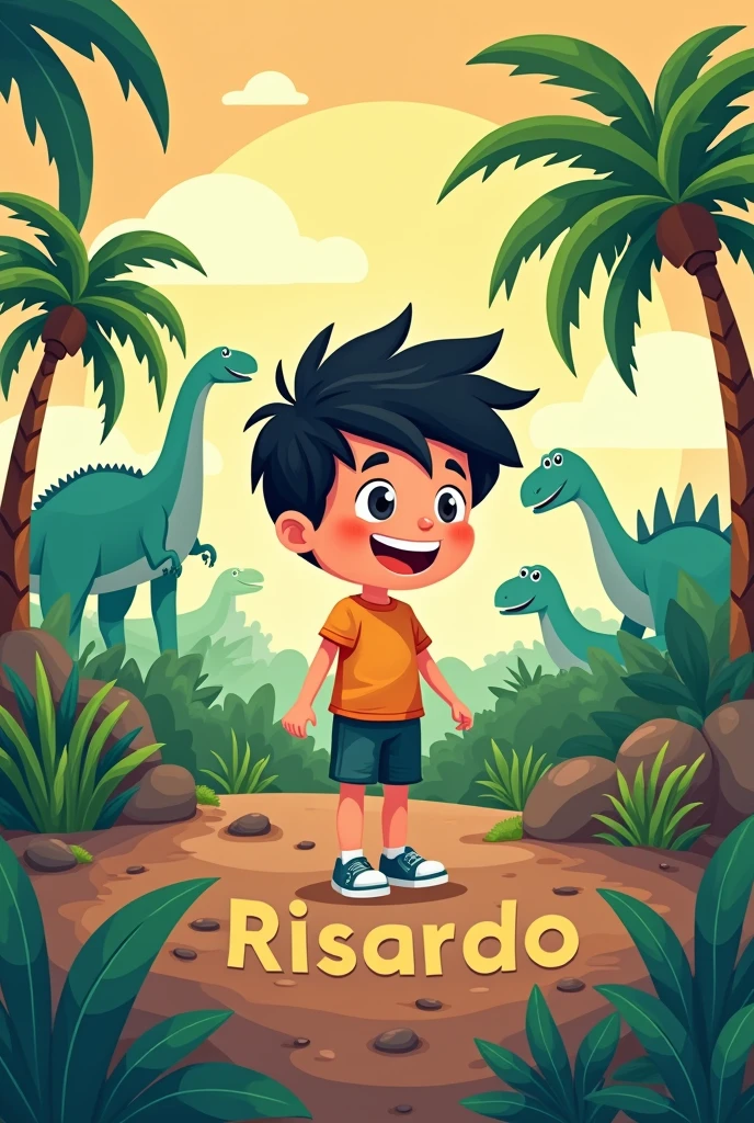 A dinosaur-themed school label. Name: Ricardo Raul Fernandez