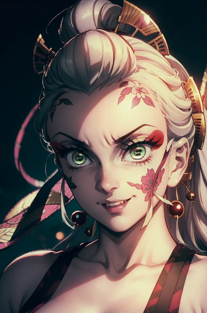 A tall young girl in realistic portrait of high quality and detail, movie style, Daki (Kimetsu no Yaiba), 18 years old, Geisha, white makeup, She has Japanese traditional hairstyle, silver hair, traditional hairstyle-nihongami, green eyes, pale skin, asian girl, She is wearing a traditional Japanese pink armor, blood on her clothes, large breast, curvy body, milf, mole on her face, dark fantasy, dark atmosphere, happy look, glow, eye shadow, 1girl, Depth & Perspective, fangs, full-length photo, smiling face, Japanese hieroglyphens in pupils, fine face, She's standing in the japanese street, outdoors, snow on background, winter, night time, looking at viewer, (ultra-high detail:1.2), Masterpiece, Best Quality, Ultra-detailed, Cinematic lighting, 8K, delicate features, cinematic, 35 mm lens, f/1.9, highlight lighting, global lighting –uplight –v 4, cinematic, Cinematic lighting, 8K, high quality, Highest Quality, (Solo Focus), (extremly intricate:1.3), (Realistic), masterful, Analog style, (Film grain:1.5), (cold tone),