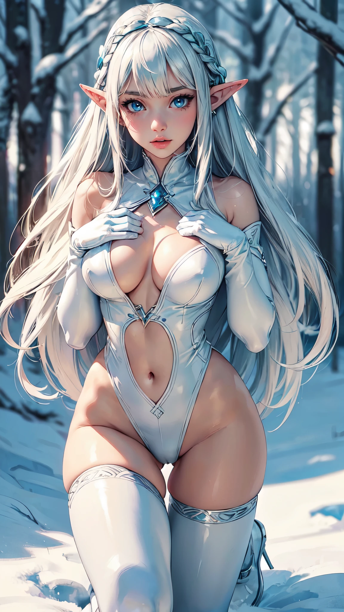 ((ultra quality)), ((masterpiece)), young elf girl, Wakfu style, ((beautiful white long hair, has bangs)), (Beautiful face), (beautiful female lips), (elven long ears), charming, (()), looks at the camera, eyes slightly open, (skin color white), (White skin), glare on the body, ((detailed beautiful female eyes)), ((bright blue eyes)), (juicy female lips), (dark eyeliner), (beautiful female hands), ((ideal female figure)), ideal female body, beautiful waist, gorgeous thighs, beautiful medium breasts, ((subtle and beautiful)), sexy worth (close up of face), (white winter coat with thick fur on the collar, White pants, white winter boots, there are white winter gloves on your hands) background: winter forest snowing, ((depth of field)), ((high quality clear image)), (clear details), ((high detail)), realistically, professional photo session, ((Clear Focus)), anime,,detailed eyes, detaield hands, detailed face, elf woman, full body
