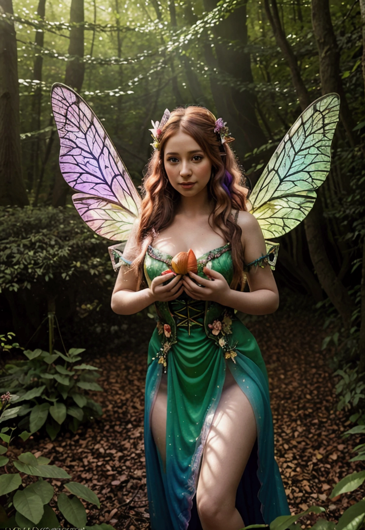 a colorful fantasy forest with a little fairy flying, detailed fairy with butterfly wings, fairy in a magical forest, glowing fairy in a woodland scene, detailed fairy with long hair and a flowing dress, fairy surrounded by glowing mushrooms and flowers, fantasy forest with sunbeams shining through the trees, highly detailed fairy flying through a colorful forest landscape, magical forest scene with a whimsical fairy, a fairy in a fantastical forest full of vibrant colors, (best quality,4k,8k,highres,masterpiece:1.2),ultra-detailed,(realistic,photorealistic,photo-realistic:1.37),fantasy,illustration,digital art,cinematic lighting,warm color tones,vibrant colors