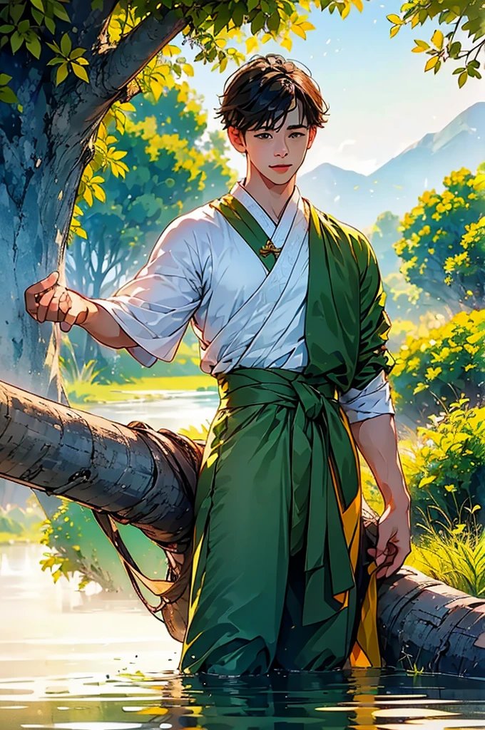 (in 8K、top-quality、masterpiece:1.2)、1 boy、short-haired、Hair short、Brown-skinned、Green View、