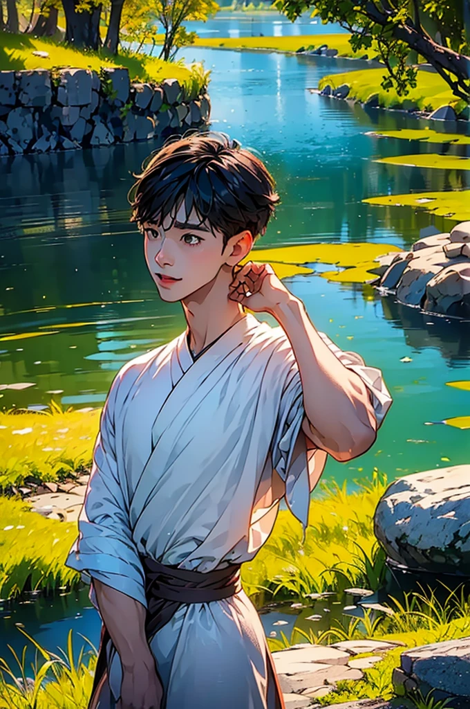 (in 8K、top-quality、masterpiece:1.2)、1 boy、short-haired、Hair short、Brown-skinned、Green View、