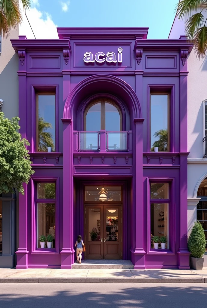 Facade of a large purple açaí shop with a door and two windows 
