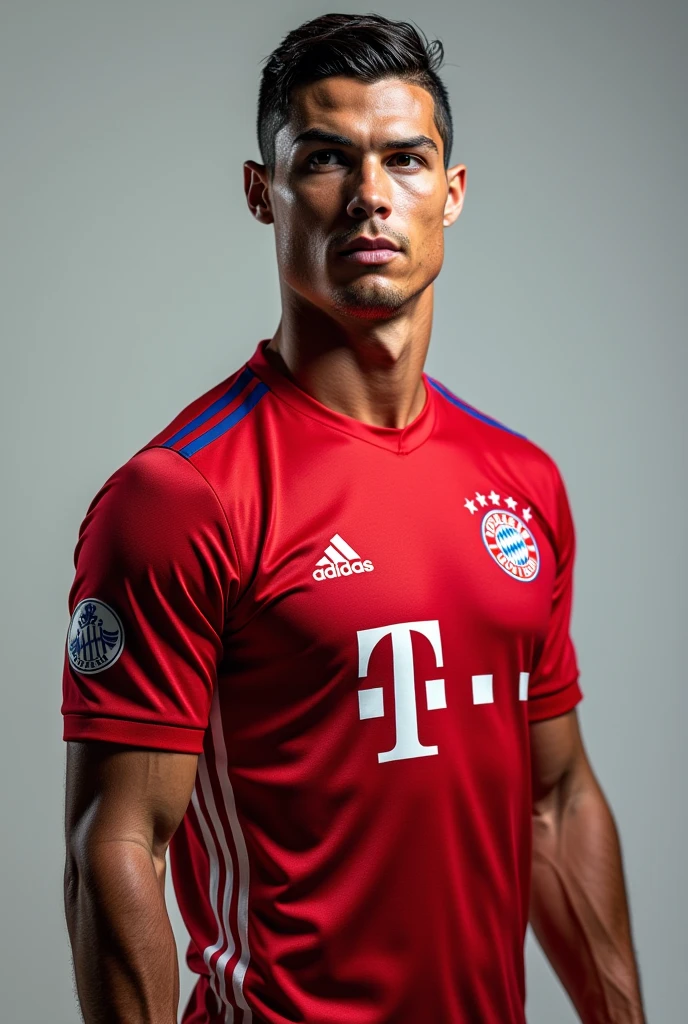 Generate a photo of Cristiano Ronaldo showing off the Bayern Munich shirt