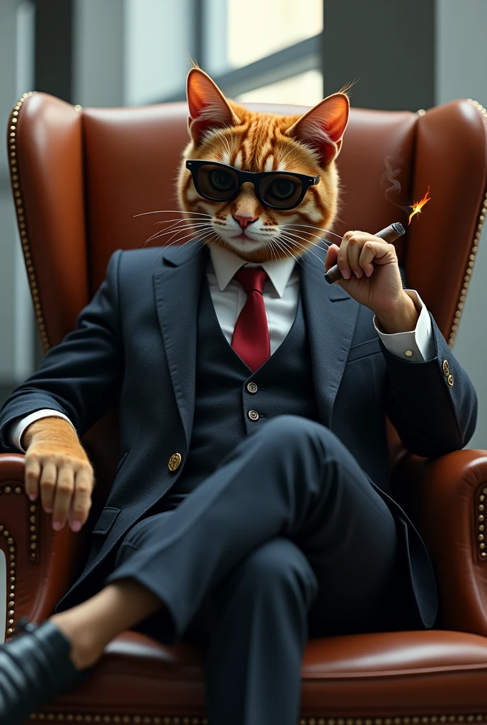 A cool cat sitting in a boss chair with boss glasses and smoking in one hand 