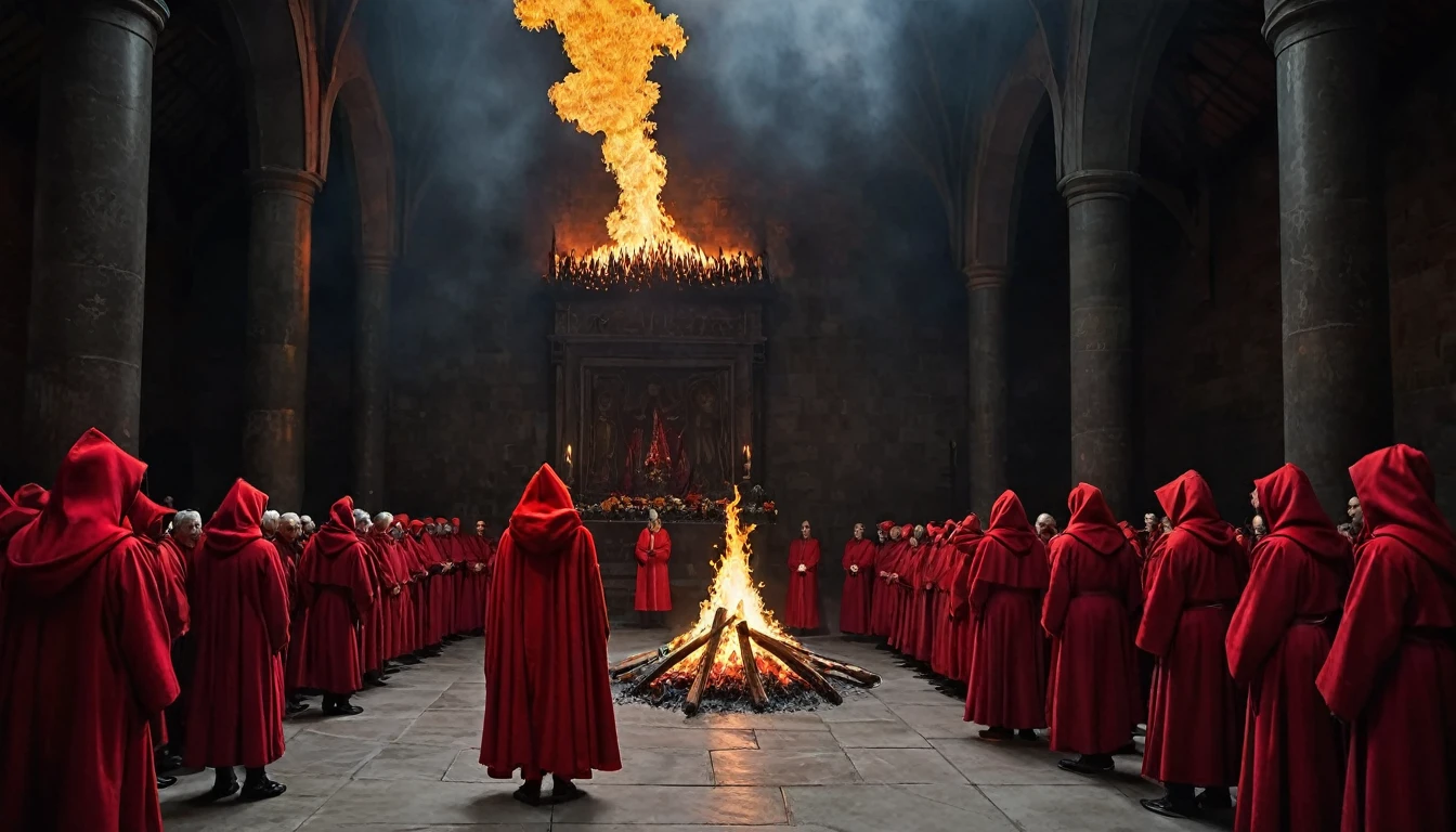 8k、large stained glass,(High angle), (number々の賞を受賞したmasterpiece、Incredible detail、Texture、Maximum details),red flame candle, (summoning magic),(St George's Church in Lalibela at night (Church of Saint George) - Ethiopia), (dark ritual),(dark organization)arafed image of a group of people in a church with candles,lit candle, dark cinematic concept art, elegant cinematic fantasy art, photorealistic dark concept art, by Beeple, dark robes, wojtek fus, gothic epic library concept, gothic epic library, epic cinematic concept art, dark concept art, Beeple and mike winkelmann, symmetrical epic fantasy art, High resolution, masterpiece, Highest quality, Intricate details, Very detailed, Clear focus, practical skin texture, texture, Shot with Canon, 85mm, Shallow and deep, Kodak Vision Color, Exactly, Very detailed, photograph_\(Extremist\), photographpractical, practical, Post-processing, Maximum details, Roughness, Real Life, Extremist practical, Photorealism, photographgraphy, 8K Ultra HD, photographgraphy