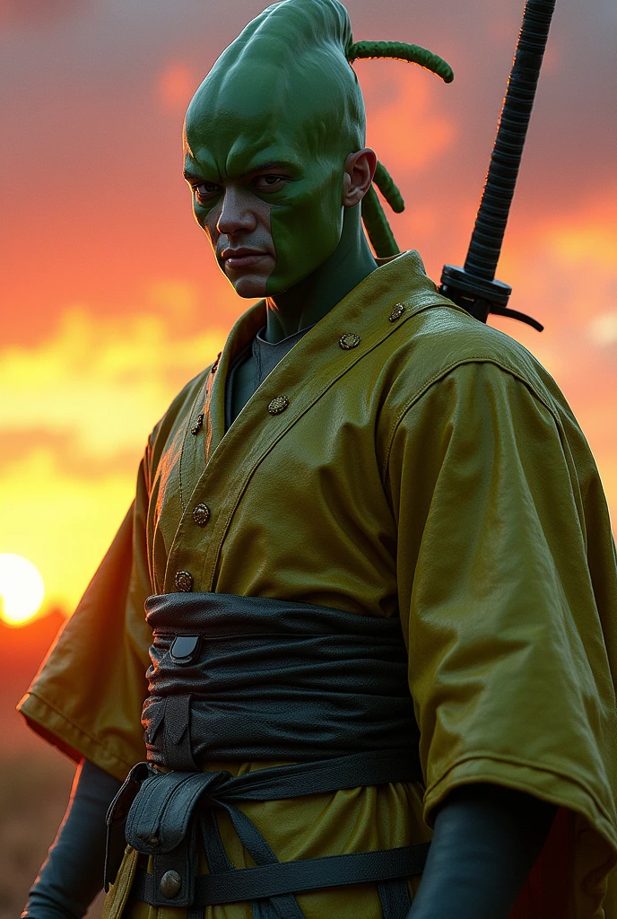 Pickle man, Cara sexy, samurai costume, realist, sunset, musashi.