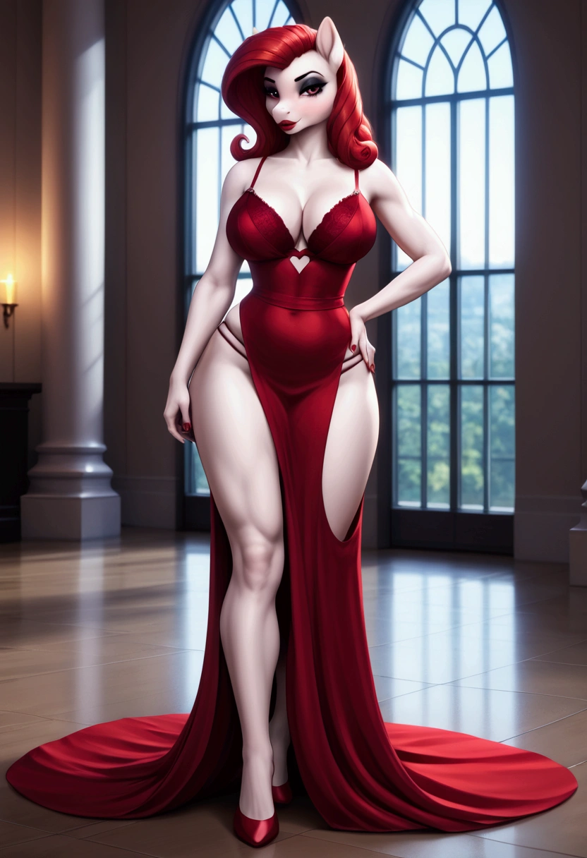 (My little pony), anthro, voluptuous body:1.5, long red hair, white body, medium red lips, red nails, black eyeshadow, avatar for slut, seductive face, ((business long dress)), (showing a small part of panties), arrogant:1.4, red bra is peeks out, woman's legs, (queen of hearts), (realistic details), ((4K)), high quality 