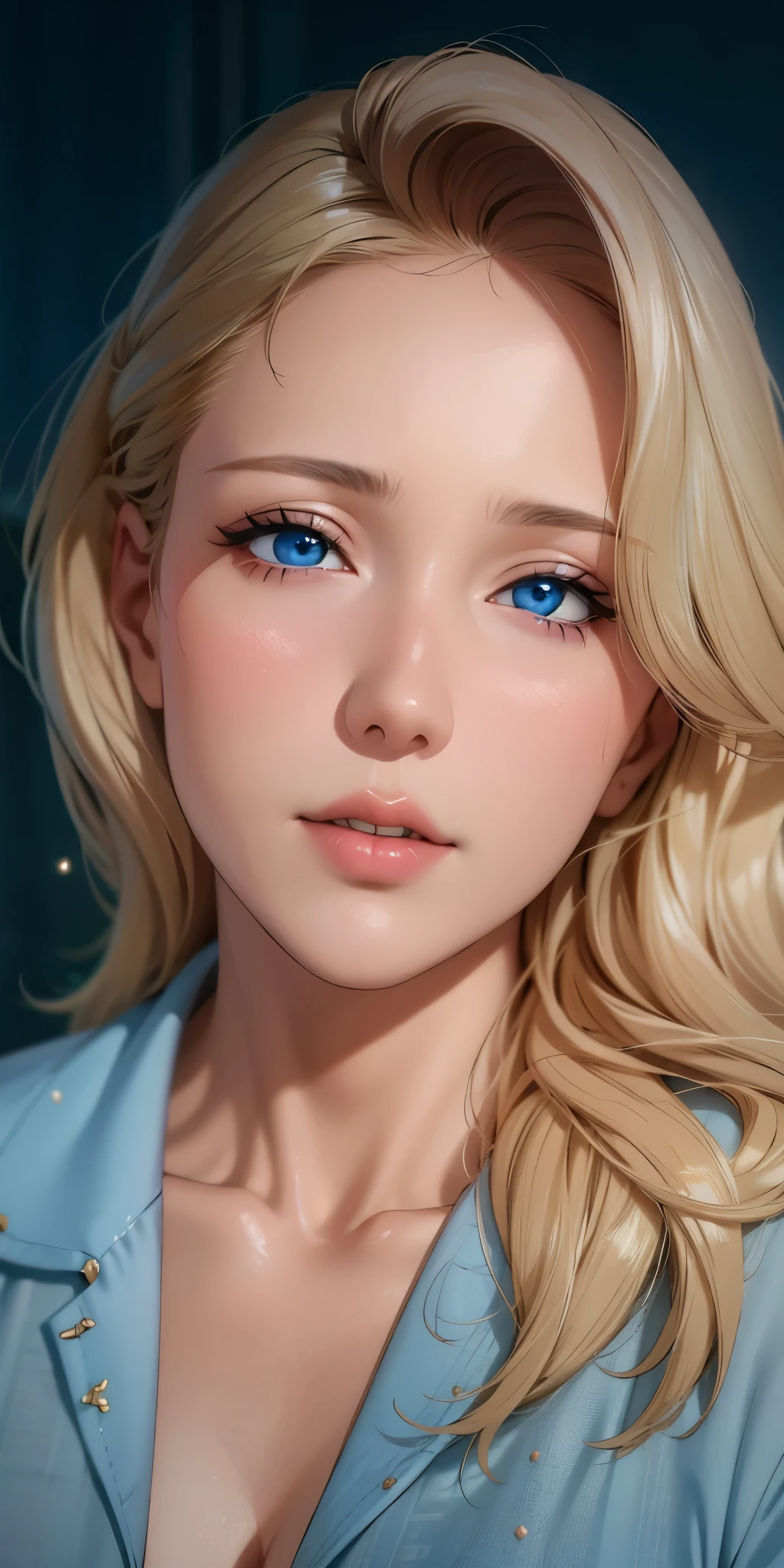 Elegant mature woman, milf, blue eyes, blonde hair, bangs, soft light, 4k resolution, high quality, beautiful cg