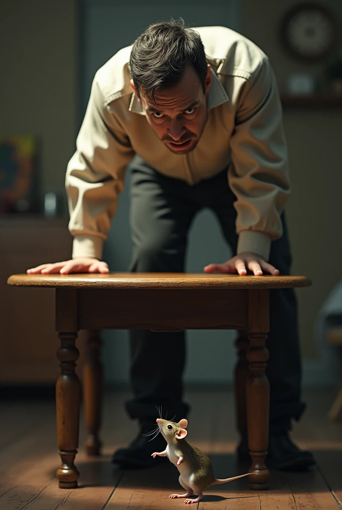 (photorealism:1.2), man on top of a table for fear of rat. the mouse is standing looking at the man.