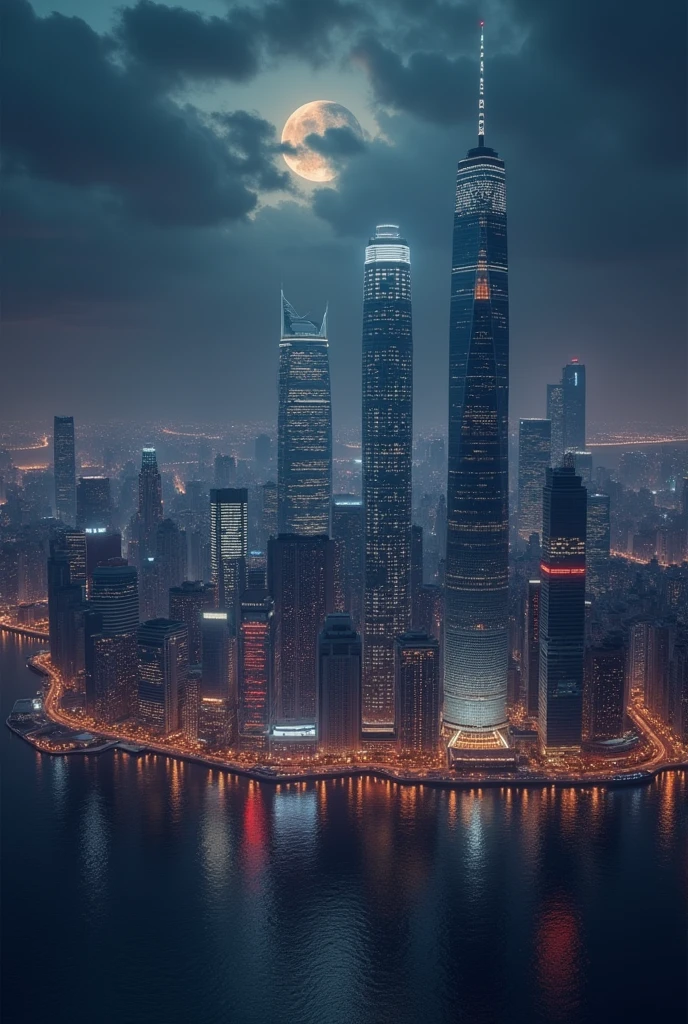 a beautiful detailed night cityscape, massive skyscrapers reaching to the sky, neon lights shimmering, reflections in the calm waters, dramatic dark moody sky with crescent moon, glowing ambient lighting, ultra-detailed, 8k, HDR, cinematic lighting, muted color palette, moody atmosphere, photorealistic, highly detailed, masterpiece