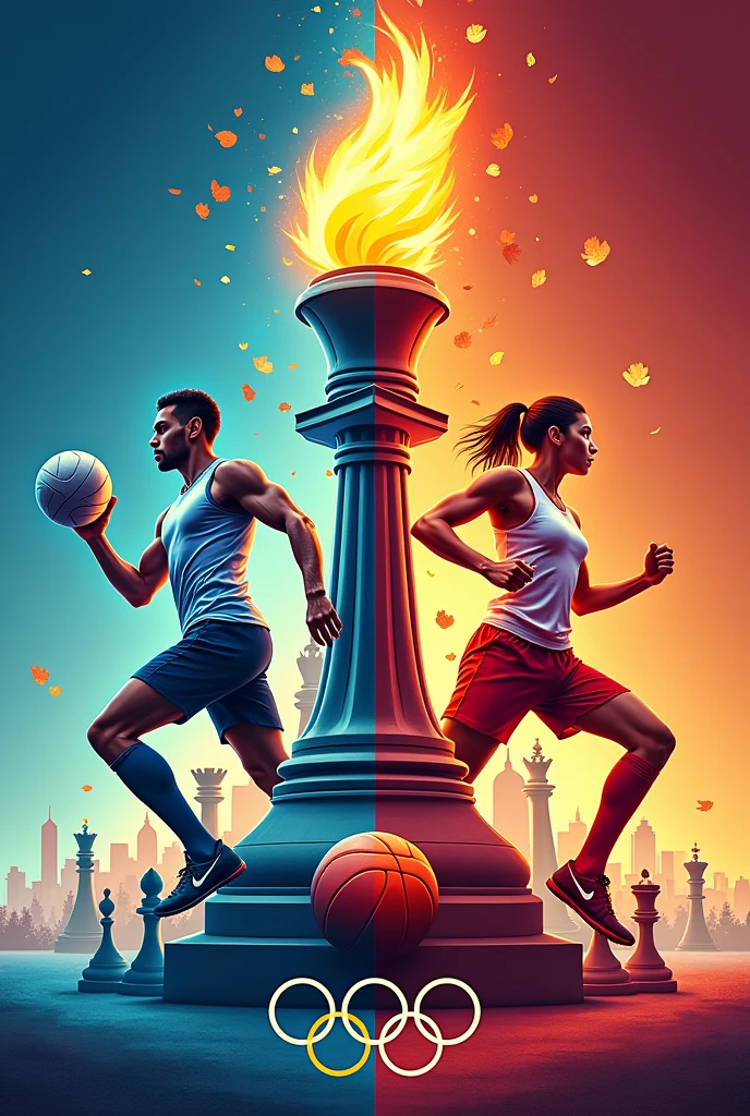 Create a sports poster with images of football, basketball, volleyball, and chess, but without human faces, that says XVIII JUEGOS TERESIANOS, that includes a sports torch and the Olympic rings. 
