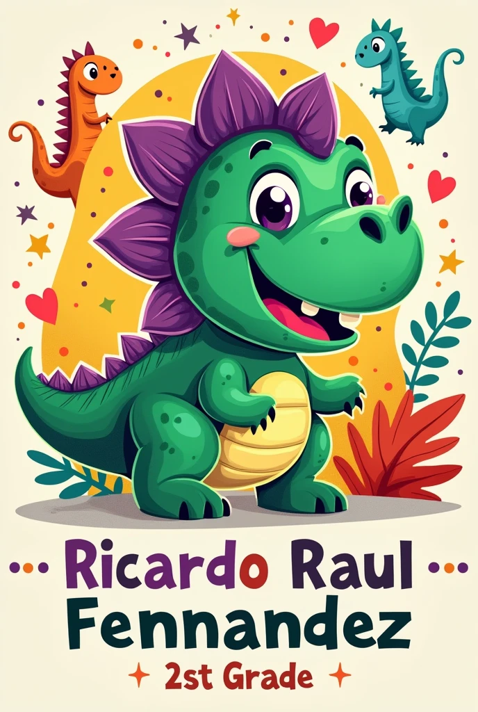 A dinosaur-themed school label. Name: Ricardo Raul Fernandez
Grade:  