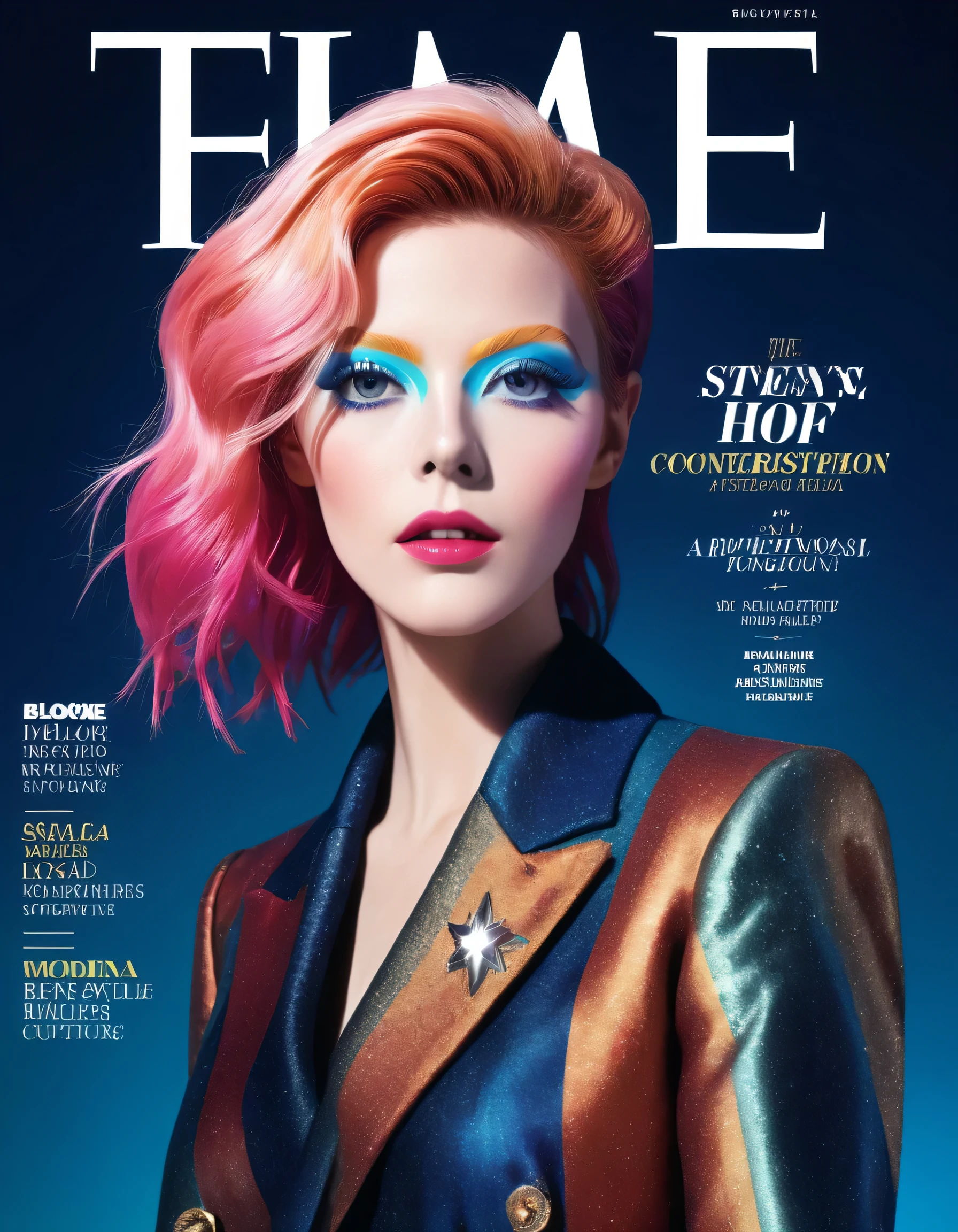 Magazine cover, esthetic, , (A girl with) vibrant colorful hair, Eye-catching pose, Rockstar, stylish clothes, Big star make up in the right eye in the style of David Bowie Blitz,  confident smile, Dynamic background, (Haute Couture),(realisti),(studio lighting), (best quality,4K,highres), (portrait), (best quality,4K,8k,highres,​masterpiece:1.2),Ultra-detail,(realisti,photorealisti,photo-realisti:1.37), Hyperrealisti Haut und Mund Nase Augen, glossy finish, bright colours, captivating design, Professional models, Iconic logo, Striking typography, Dynamic layout, eye-catching headlines, Fashion Forward, Avant-garde style, innovative concepts, influential personalities, Trend-setting fashion,  Modern lifestyle, cultural influence, timeless charm, stylish rockstar accessories, glamorous photo shoots, international appeal, Diverse perspectives, High-Fashion-Editorials, Exclusive interviews, first-class journalism, exquisite craftsmanship, visual storytelling, captivating cover story, captivating images, iconic fashion brands, Avantgardistisches Make-up, luxurious fabrics, elegant patterns, High quality printing, sophisticated layout, Trendprognose, inspiring pictures, breathtaking artistic direction, Required reading.