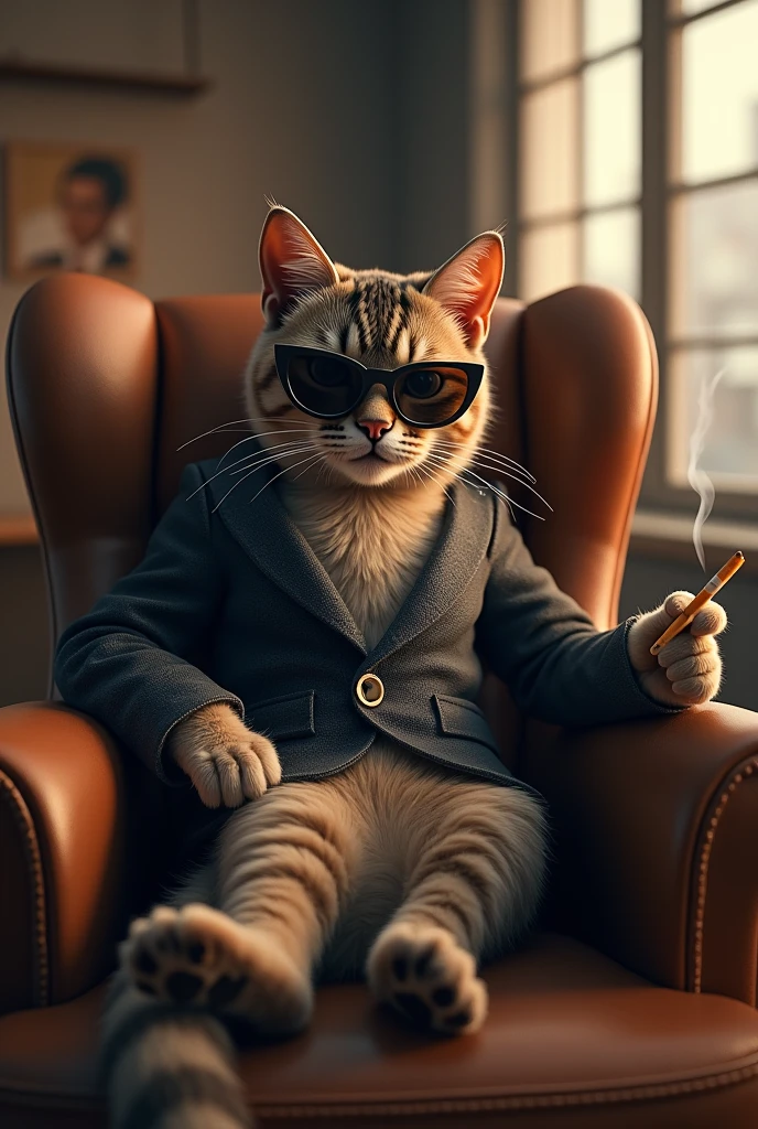 A cool cat sitting in a boss chair with cool glasses and smoking in one hand