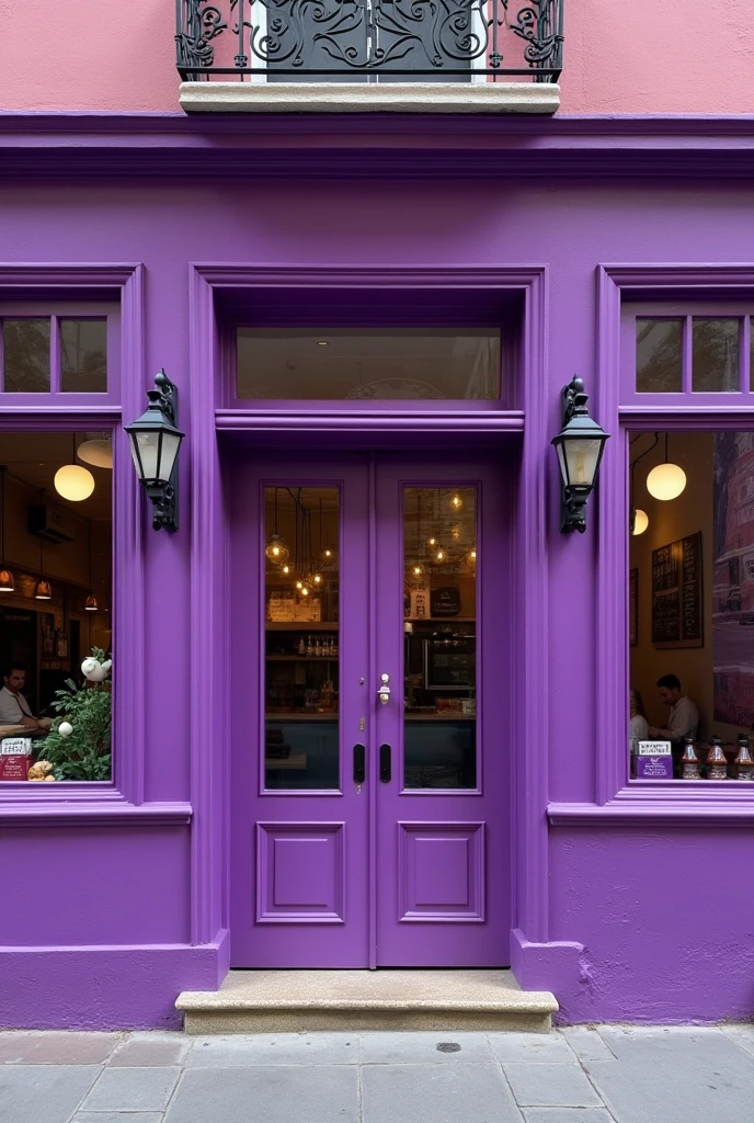 Facade of a purple açaí shop with a door and two windows