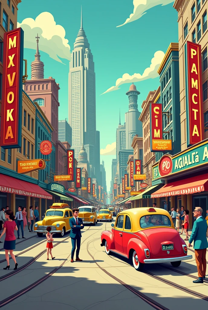 Create a 20th century city in cartoon form 