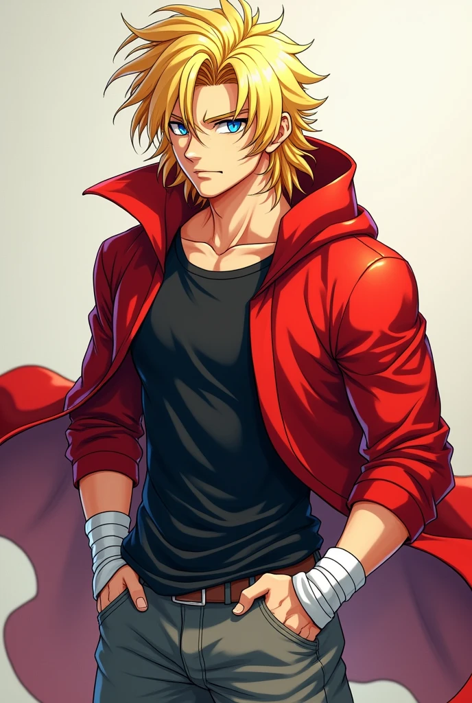 Create a male anime character with a look that evokes the strength of a Saiyan warrior. Imagine a young man with blond hair, thick and a little long, reaching the shoulders. The cut is similar to Seiya's from Knights of the Zodiac, with bangs covering the forehead. His eyes are an intense and penetrating blue. As for the clothes, he wears a red long sleeved shirt, with a hood that adds a mysterious air. About the red shirt, a black short-sleeved t-shirt contrasts and gives a casual touch. on the forearm, white bands form a wristband that covers the palm of the hand and the forearm, leaving only the fingers exposed. To end, gray pants complete the look, giving an air of practicality to the character. in the face, an important detail: a small scar, Ok sign is almost perfect but the red shirt is not a coat and a blouse with the fabric in apple red await a vibrant red The hair It was better news Make it more like the supper of knights of the Zodiac Cross only blond