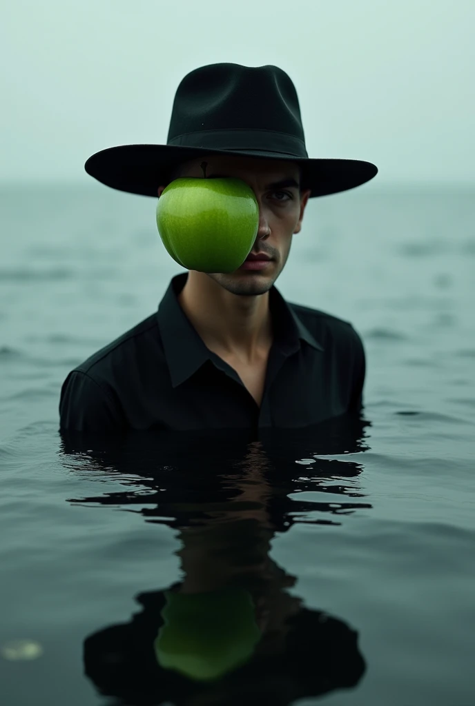 Generally an image of The man with the hat is totally mirrored with the apple and his hat a man in front of the sea with an apple that hides his identity a person lives but an identity dies when looking at his mirror he is afraid to see his reality so he covers his identity behind a mask in front of his face were the lies that his face covered in front of his face there is a green apple so that his giant nose is not contemplated a man without feelings who has many stories a black shirt with a black hat
