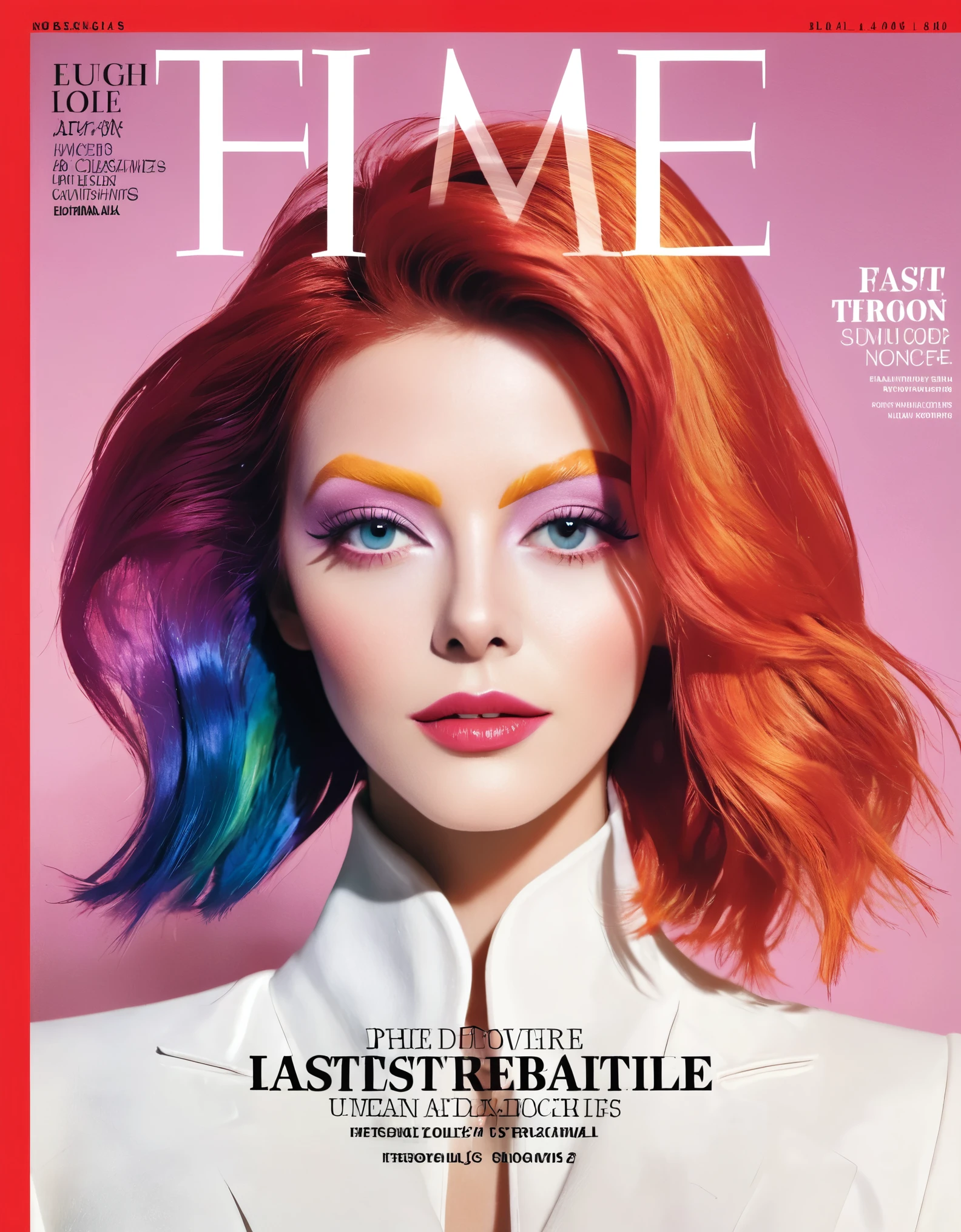 Magazine cover, esthetic, , (A girl with) vibrant colorful hair, Eye-catching pose, Rockstar, stylish clothes, Big star make up in the right eye in the style of David Bowie Blitz,  confident smile, Dynamic background, (Haute Couture),(realisti),(studio lighting), (best quality,4K,highres), (portrait), (best quality,4K,8k,highres,​masterpiece:1.2),Ultra-detail,(realisti,photorealisti,photo-realisti:1.37), Hyperrealisti Haut und Mund Nase Augen, glossy finish, bright colours, captivating design, Professional models, Iconic logo, Striking typography, Dynamic layout, eye-catching headlines, Fashion Forward, Avant-garde style, innovative concepts, influential personalities, Trend-setting fashion,  Modern lifestyle, cultural influence, timeless charm, stylish rockstar accessories, glamorous photo shoots, international appeal, Diverse perspectives, High-Fashion-Editorials, Exclusive interviews, first-class journalism, exquisite craftsmanship, visual storytelling, captivating cover story, captivating images, iconic fashion brands, Avantgardistisches Make-up, luxurious fabrics, elegant patterns, High quality printing, sophisticated layout, Trendprognose, inspiring pictures, breathtaking artistic direction, Required reading.