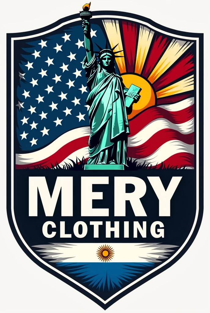 A clothing logo that says in Spanish: MERY CLOTHING . That has the United States flag in the background, another argentine flag with 3 stars on the argentine flag and the sun and the statue of liberty.