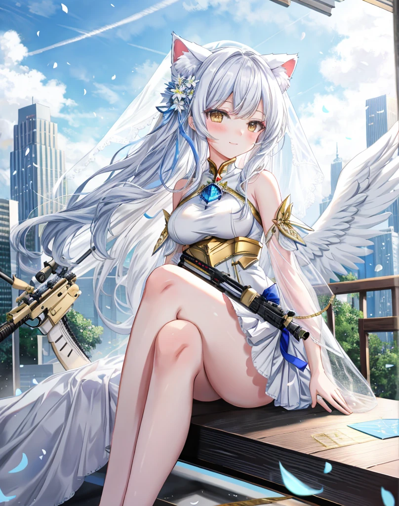 Anime style, 1nekogirl, cat_ears, portrait,
gold eyes, white long Wavy hair, 
ultra detailed, 
(white Angel wings),  cute smile,
She hold a big sniper rifle, medium breast. 
Sniper Rifle. 
Intricate white god clothes, bare shoulders, Veil, 
(gold hearth details),(Red hearth details)
God dress,  bare foot
bare shoulders
She is a god with a sniper rifle 

Sky blue, white clouds, meteorite, blurry skyscrapers scenery, blue flower petals

Thoughtful expression, Pensive, Reflective, Contemplative,
lost in thought, Contemplative, Pensive.

Sunflare