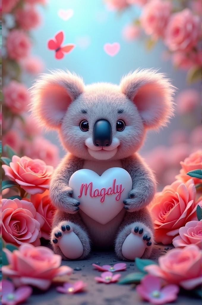 A charming 3D illustration of a stuffed koala with a white heart adorned on its chest with the name "Magaby" in elegant pink script. The vibrant colors of the heart and the flowers surrounding it, including pink roses and sunflowers, butterflies, create a whimsical and charming atmosphere. A neon glow highlights the intricate details and depth of the illustration, transforming it into a mesmerizing 4D experience. This captivating piece of art showcases the beauty of love and friendship, transcending the boundaries of traditional 2D art and typography., typography