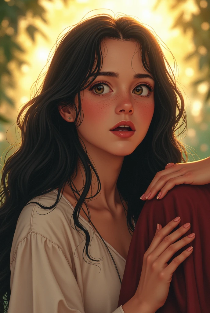 Create an illustration of a teenage girl with long, black wavy hair recording a video spreading the gospel with Jesus by her side