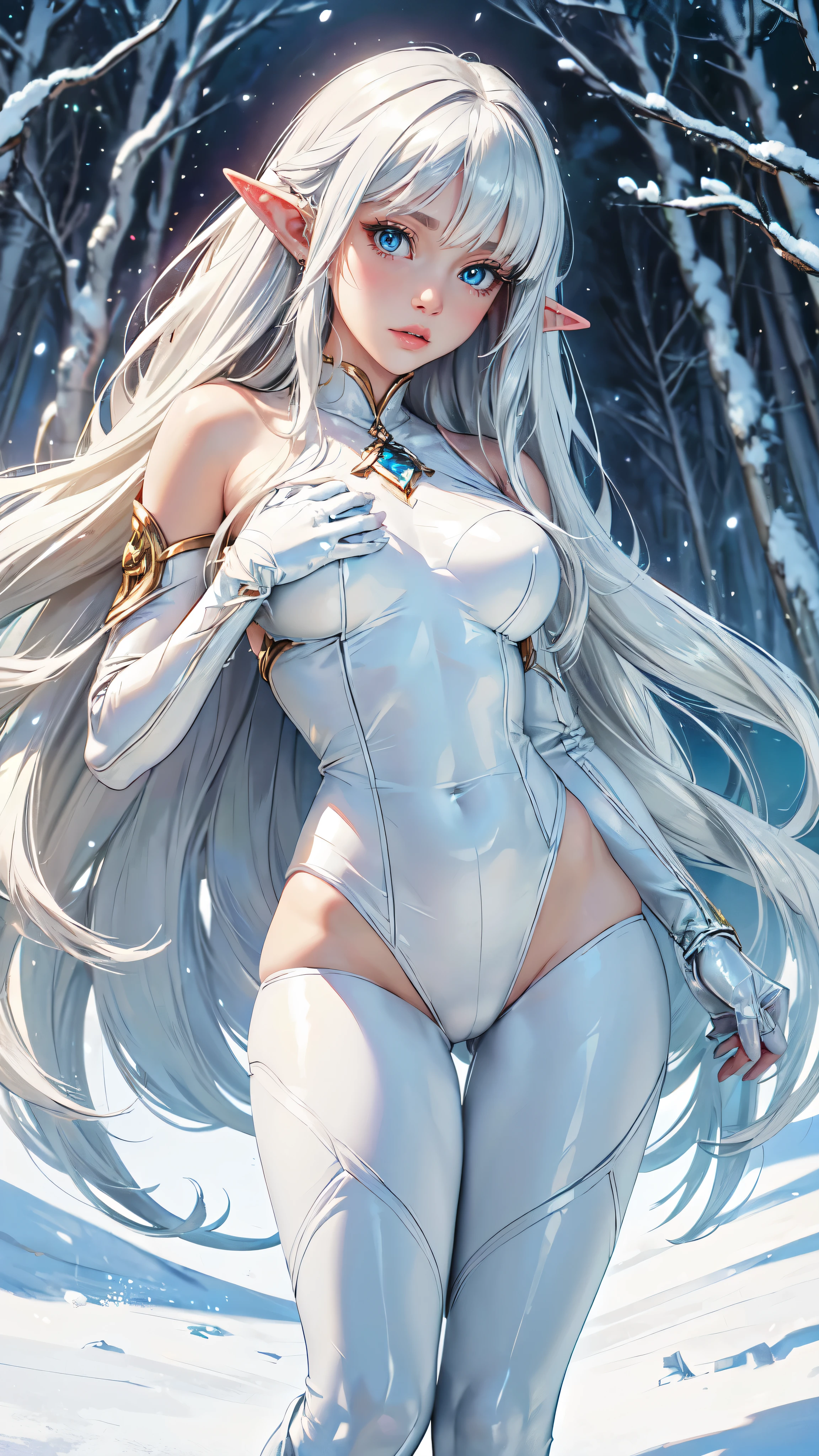 ((ultra quality)), ((masterpiece)), young elf girl, Wakfu style, ((beautiful white long hair, has bangs)), (Beautiful face), (beautiful female lips), (elven long ears), charming, (()), looks at the camera, eyes slightly open, (skin color white), (White skin), glare on the body, ((detailed beautiful female eyes)), ((bright blue eyes)), (juicy female lips), (dark eyeliner), (beautiful female hands), ((ideal female figure)), ideal female body, beautiful waist, gorgeous thighs, beautiful medium breasts, ((subtle and beautiful)), sexy worth (close up of face), (white winter coat with thick fur on the collar, White pants, white winter boots, there are white winter gloves on your hands) background: winter forest snowing, ((depth of field)), ((high quality clear image)), (clear details), ((high detail)), realistically, professional photo session, ((Clear Focus)), anime,,detailed eyes, detaield hands, detailed face, elf woman, full body
