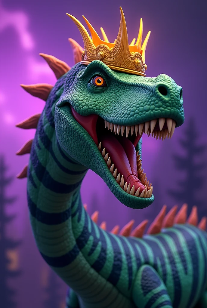 A green and black striped spinosaurus with a super golden crown, and the image is animated, and that the background is also purple