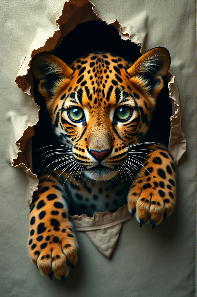 Photograph of a leopard cub with the head and right front paw sticking out of the sheet, as if it were coming out of the painting. good lighting, Best Quality, sharp focus, perfect green eyes, well detailed eyes, Best Quality.