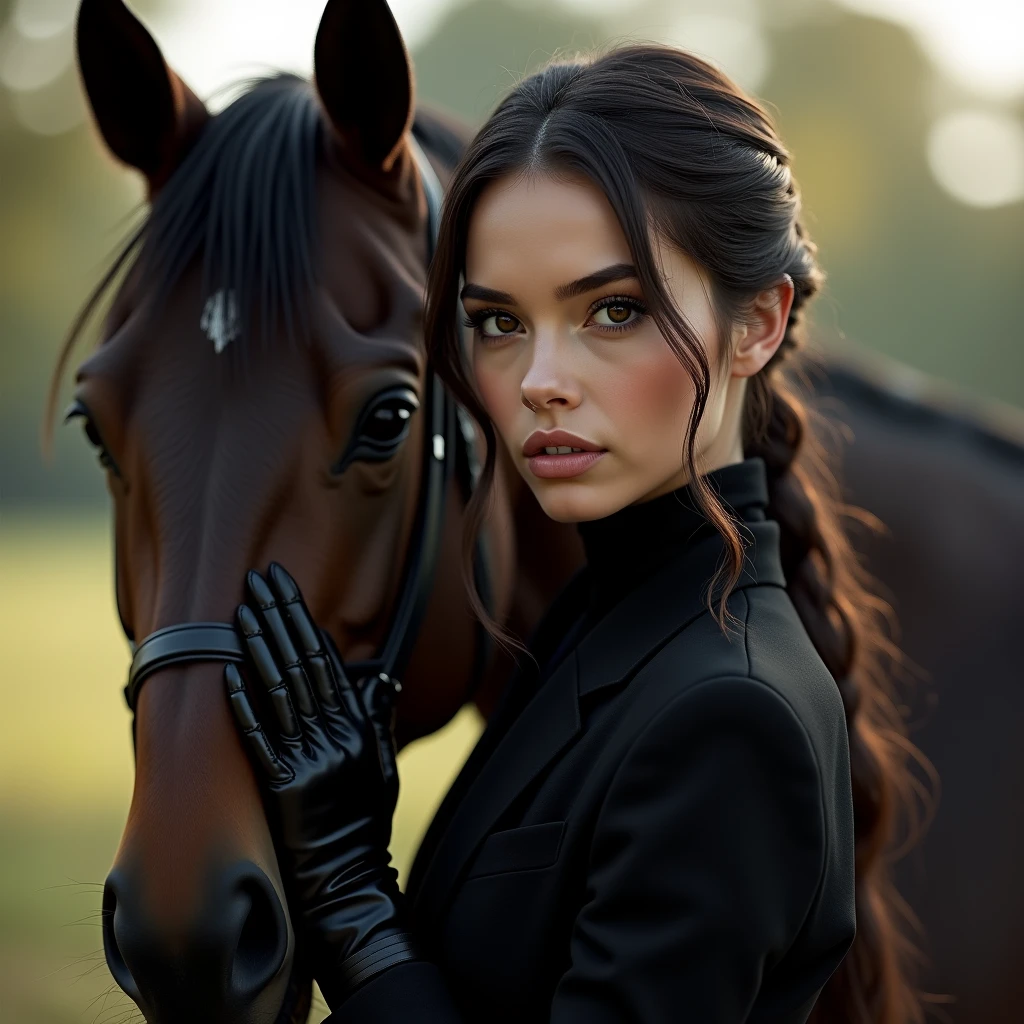 Masterpiece, realism, digital art, close up portrait of a model with a horse, all black elegant suit, black knee boots, black gloves, natural lighting, bokeh