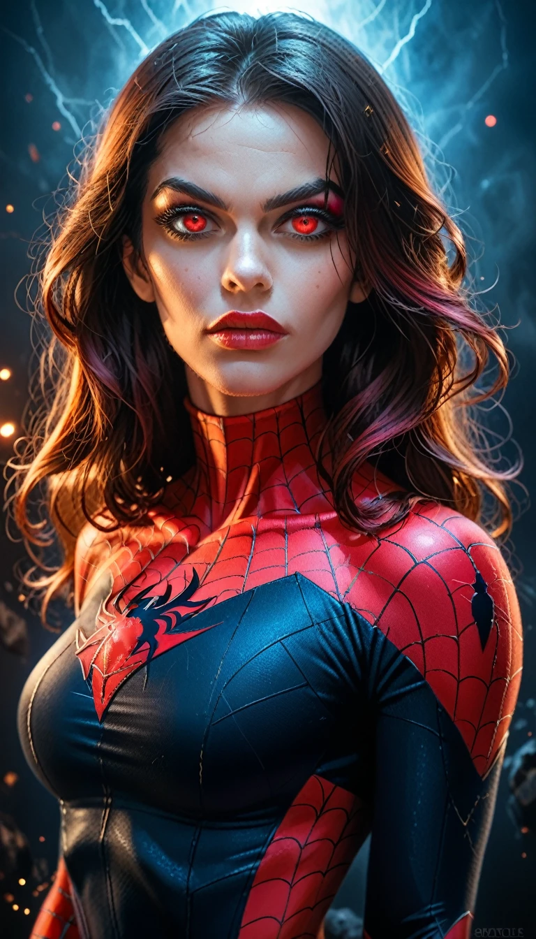 1 man and 1 woman, a superhero spider man saving an anime girl from a villainous antagonist, highly detailed, cinematic lighting, dramatic scene, vibrant colors, epic action, intricate textures, hyper realistic, 8k, masterpiece, cinematic composition, dramatic poses, beautiful detailed eyes, beautiful detailed lips, extremely detailed face and features