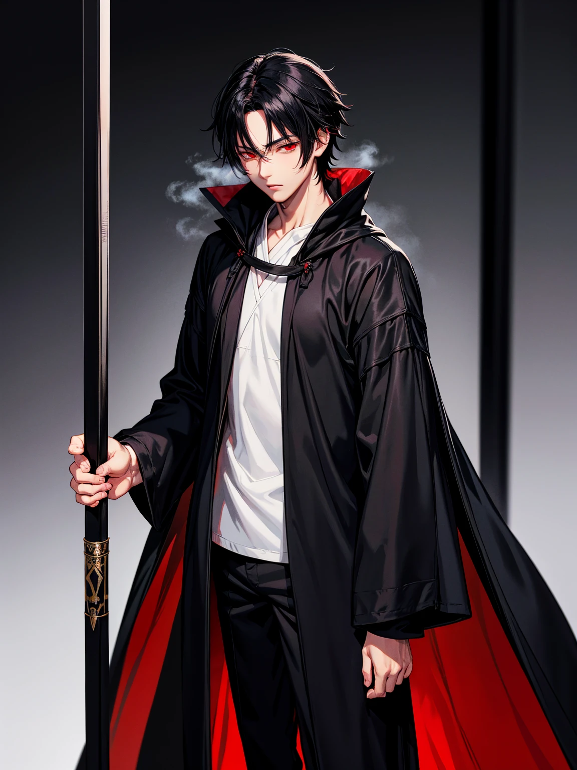 (Name: Leito Hyuga a 17 Year Old Boy), No Expression Face Handsome, Assasin Robe Outfit, Detailed Perfect Red Eyes Color, Long Black Haired