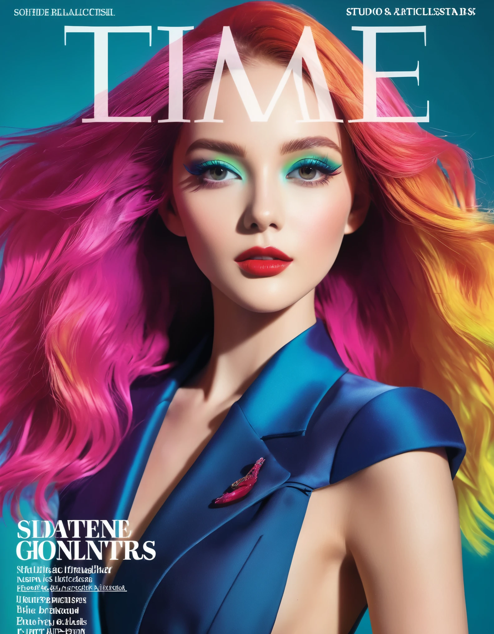 Magazine cover, esthetic, , (A girl with) vibrant colorful hair, Eye-catching pose, Rockstar Outfit edle, confident smile, Dynamic background, (Haute Couture),(realisti),(studio lighting), (best quality,4K,highres), (portrait), (best quality,4K,8k,highres,​masterpiece:1.2),Ultra-detail,(realisti,photorealisti,photo-realisti:1.37), glossy finish, bright colours, captivating design, Professional models,  Fashion Forward, Avant-garde style, innovative concepts, influential personalities, Trend-setting fashion, detailed articles, thought-provoking content, Modern lifestyle, cultural influence, timeless charm, stylish accessories, glamorous photo shoots, international appeal, Diverse perspectives, High-Fashion-Editorials, Exclusive interviews, first-class journalism, exquisite craftsmanship, visual storytelling, captivating cover story, captivating images, iconic fashion brands, Avantgardistisches Make-up, luxurious fabrics, elegant patterns, High quality printing, sophisticated layout, Trendprognose, inspiring pictures, breathtaking artistic direction, Required reading.