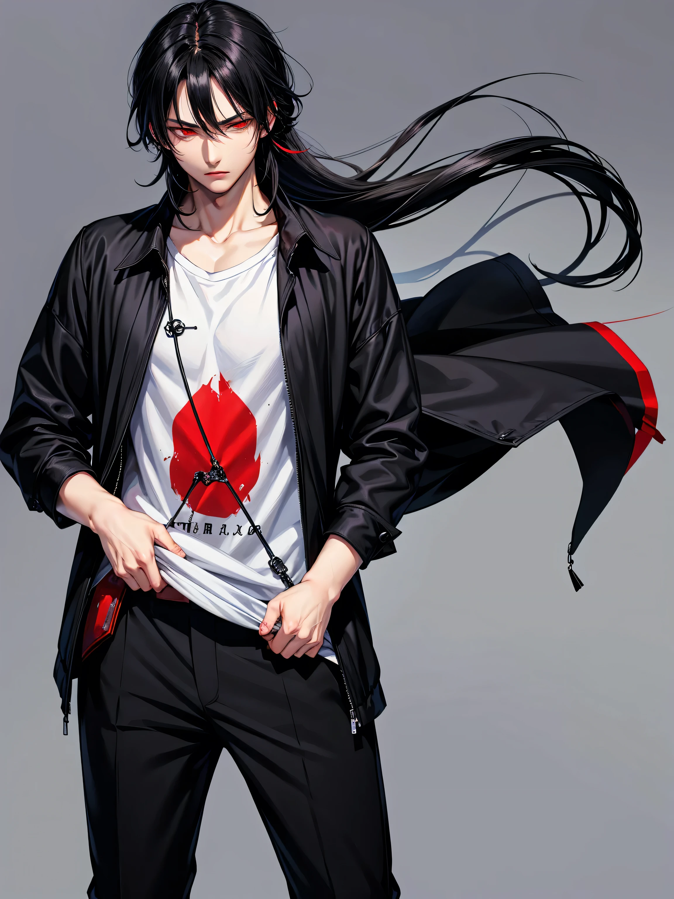 (Name: Leito Hyuga a 17 Year Old Boy), No Expression Face Handsome, Assasin Killer Outfit, Perfect Red Eyes Color, Long Black Haired