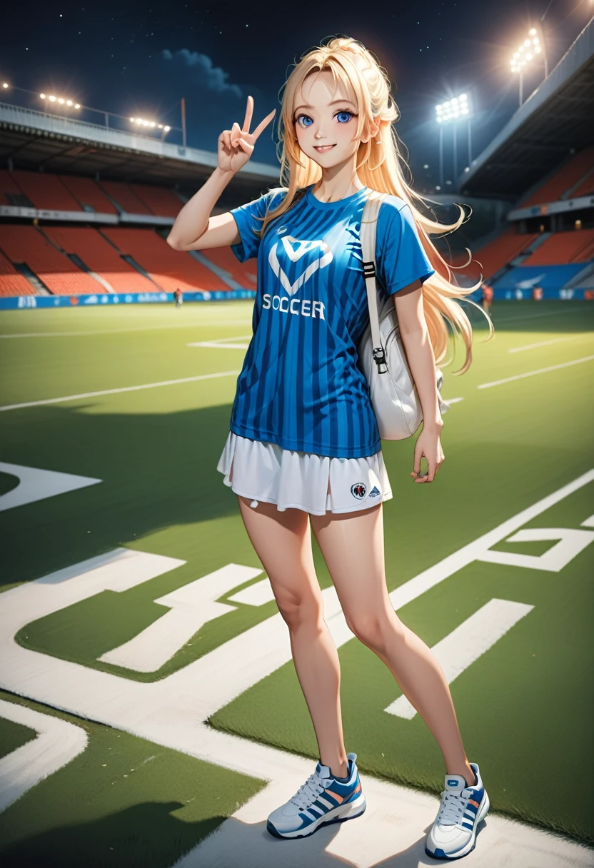 realistic anime illustration of adorable blonde young woman at soccer stadium, (v sign gesture hand), carrying white backpack, night scece, she has a long hair and forehead, she wearing red soccer t-shirt (+blue vertical striped t-shirt), blue denim a-line mini skirt, white sneakers (1girl, solo, full body), (masterpiece, best quality, japanese anime style), (expressive eyes, perfect face)